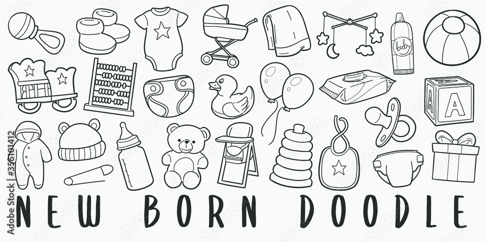New Baby Born Doodle Line Art Illustration. Hand Drawn Vector Clip Art. Banner Set Logos. New Baby Born Doodle Line Art Illustration. Hand Drawn Vector Clip Art. Banner Set Logos.
