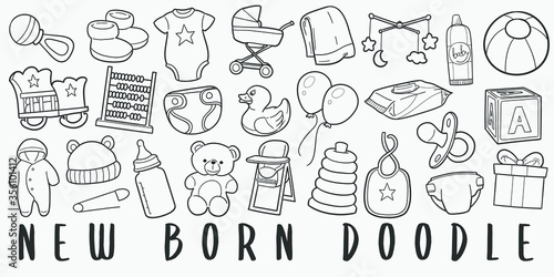 New Baby Born Doodle Line Art Illustration. Hand Drawn Vector Clip Art. Banner Set Logos.