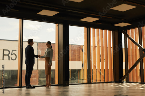 Wide angle view of real estate agent shaking hands with client while standing in empty office building interior lit by sunlight, copy space photo