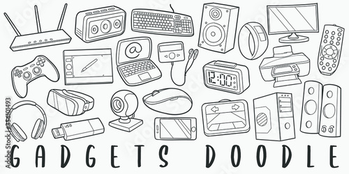 Gadgets Technology Doodle Line Art Illustration. Hand Drawn Vector Clip Art. Banner Set Logos.