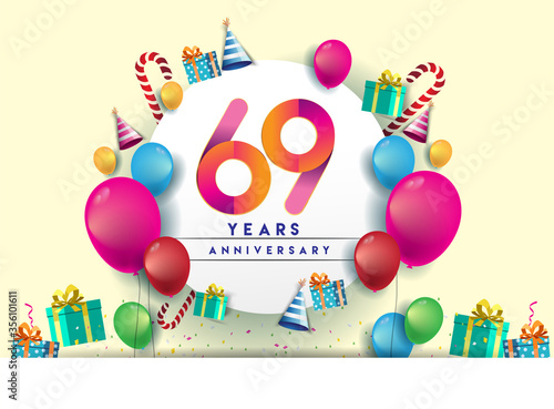 Fototapeta Naklejka Na Ścianę i Meble -  69th years Anniversary Celebration Design with balloons and gift box, Colorful design elements for banner and invitation card.