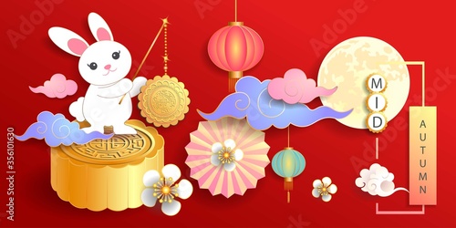 Mid autumn festival / Chinese festival with the moon, moon cake, blow, rabbits, cloud, lantern and flowers on red paper. Vector illustration