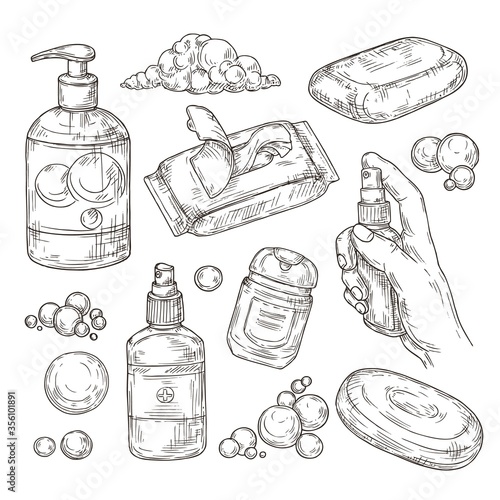 Sketch set of items for disinfection. Sanitizer,antibacterial gel and spray, wipes, disposable towels, soap for the prevention of viral infections. 