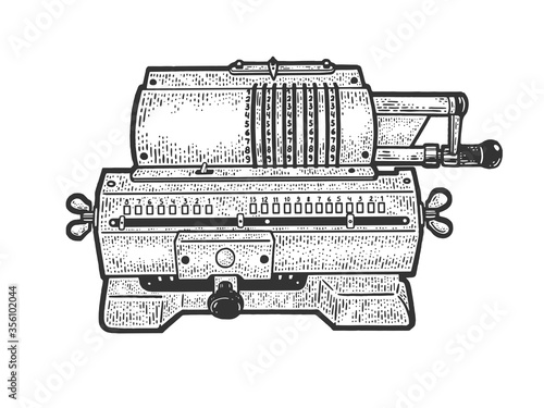Arithmometer digital mechanical calculator sketch engraving vector illustration. T-shirt apparel print design. Scratch board imitation. Black and white hand drawn image.