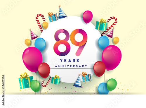 89th years Anniversary Celebration Design with balloons and gift box, Colorful design elements for banner and invitation card.
