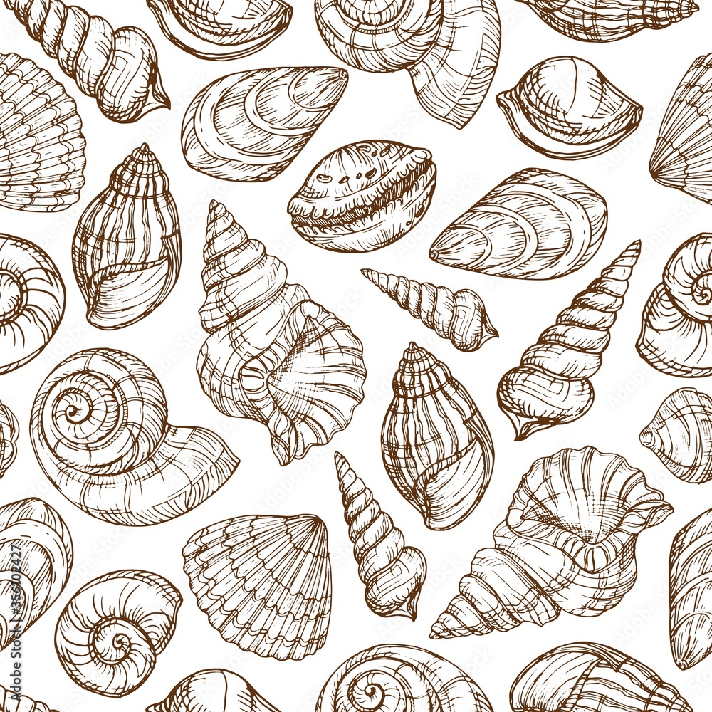 Sketch shells pattern. Hand drawn background in engraving style. Vector background for textiles, packaging, decor. Sketch shells pattern. Hand drawn background in engraving style. Vector background for textiles, packaging, decor.