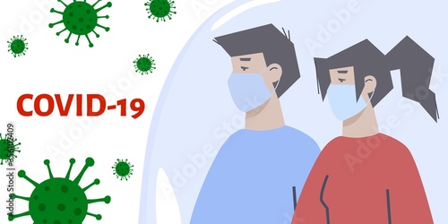 COVID-19 coronavirus outbreak flat concept. Stop coronavirus. Protect yourself. Man and woman in medical mask in self isolation and quarantine. Vector illustration.