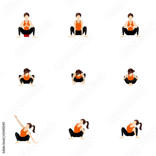 Garland pose yoga asanas set/ Stylized woman practicing malasana variations. Front view