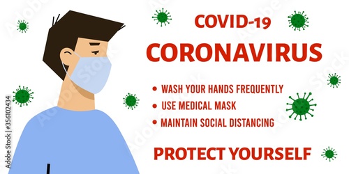 COVID-19 coronavirus outbreak and prevention concept. Stop coronavirus. Protect yourself. Man in medical mask in self isolation and quarantine. Vector illustration.
