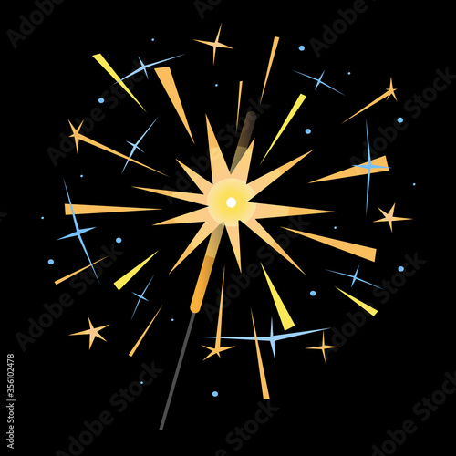 Burning sparkler isolated on black background. Bright yellow indian firework with blue sparks. Element for design banner, flyer, card for party, birthday, celebration. Vector illustration.