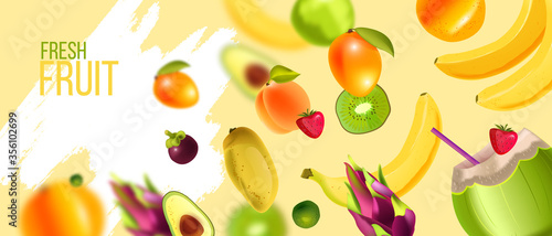 Summer fresh fruit background in realistic style with banana, mango, orange, green coconut, dragon fruit, peach. Natural organic food banner. Healthy diet concept with berries, tropical fruit