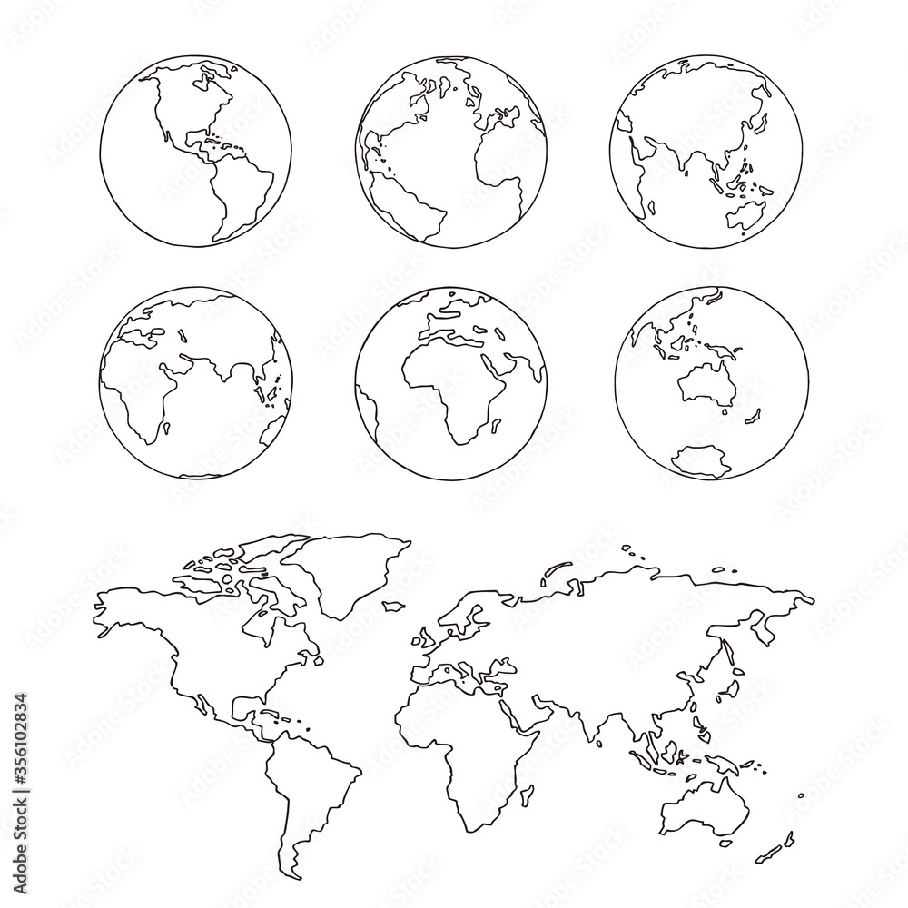 Obraz Sketch globe and world map. Doodle hand drawn vector illustration. Earth planet with continents,islands and oceans.