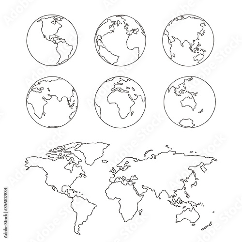 Sketch globe and world map. Doodle hand drawn vector illustration. Earth planet with continents,islands and oceans.