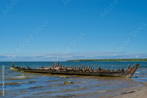 Abandoned shipwreck of schooner "Raketa" on the shore of Baltic Sea near Loksa, Estonia. Selective focus