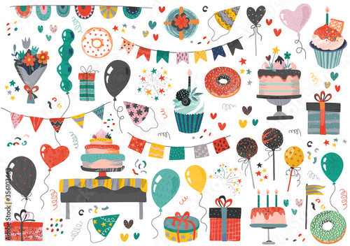 Vector Happy Birthday party elements set - holiday cake, presents, gifts, muffins, cupcakes, balloons, hat, decor.