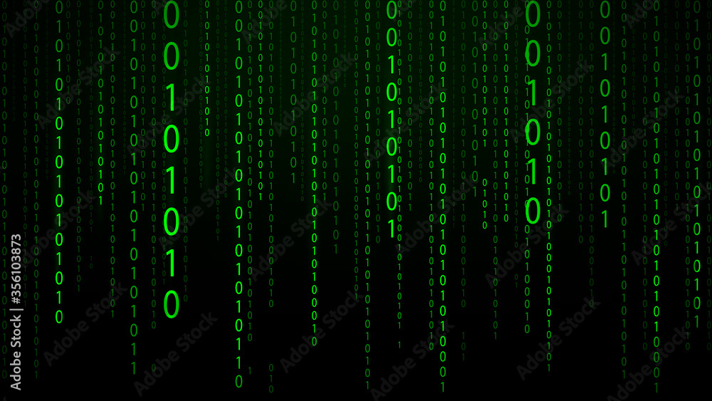 Abstract green futuristic cyberspace with stream of binary code, matrix background with digits. The concept of coding and hacker. Falling numbers. Vector illustration.