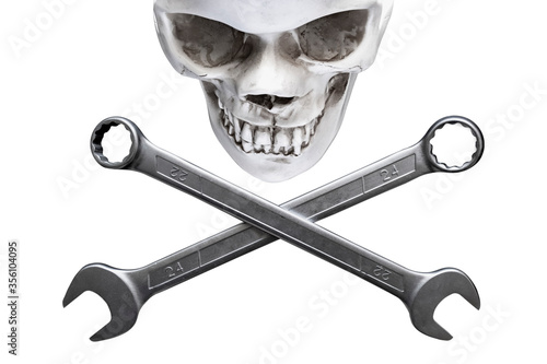Two crossed wrenches or spanners and skull on white backgorund for concept design. Repair service. Service concept. Pirate sign, motorcycle repair, bikers concept.