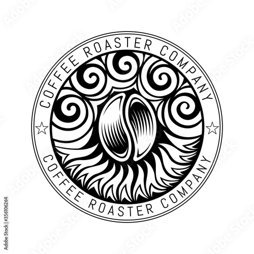 coffee bean between fire under and smoke above. Color round label for coffee roasting company
