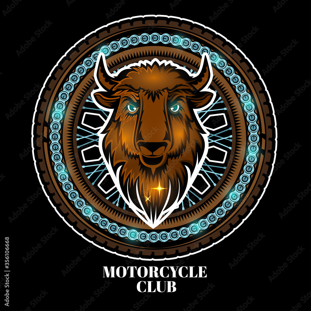 Bison's head in center of motorcycle wheel, color logo on black background