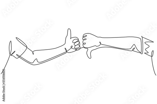 One line drawing of young male arm hands with thumbs up and thumbs down sign gesture. Good and bad symbol concept. Continuous line draw graphic design vector illustration