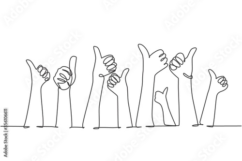 One line drawing of people arm hands raising with thumbs up gesture. Good service excellence in business sector sign concept. Continuous line draw graphic design vector illustration