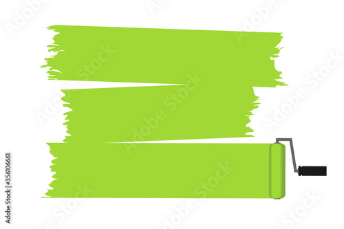 Paint roller with long painted marking colored green. Vector illustration