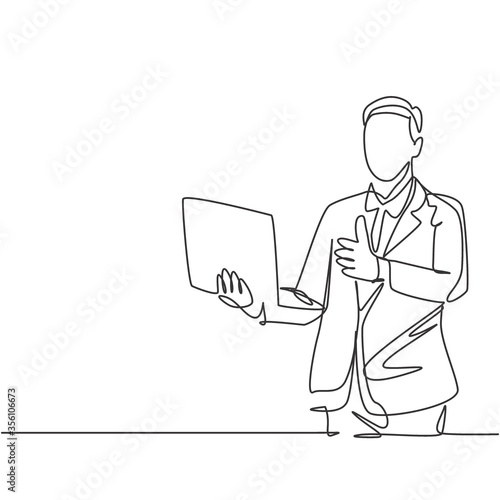 One line drawing of young happy businessman stand up and carrying laptop while giving thumbs up gesture. Business service excellence concept. Continuous line draw design graphic vector illustration