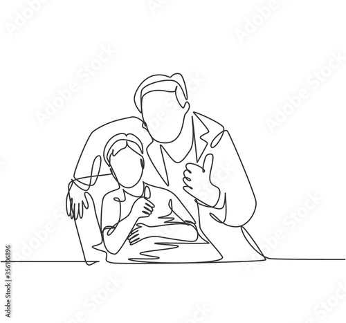 One line drawing of young dentist man calming down his little boy patient and giving thumbs up gesture. Teeth health care concept. Continuous line draw design vector graphic illustration