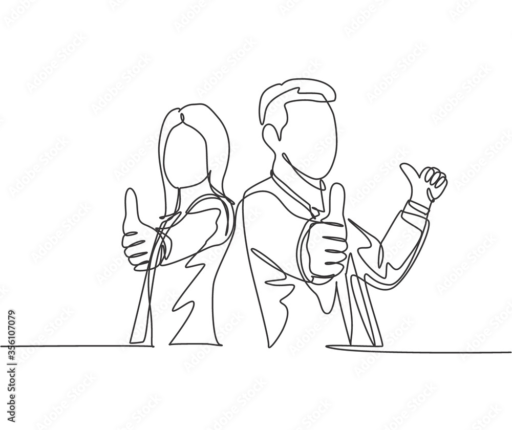 One line drawing of young happy couple businessman and businesswoman giving thumbs up gesture. Great business teamwork concept. Continuous line graphic draw design vector illustration