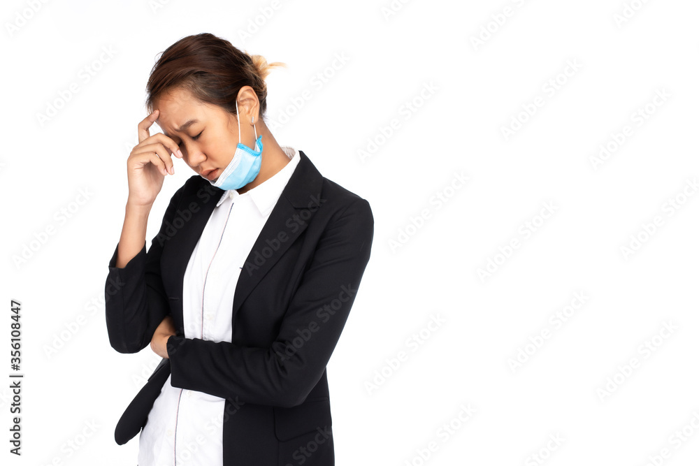 Asian businesswoman take off surgical face mask in black suit jacket, look like stressful, studio light isolated on white background, coronavirus, COVID19 concept Asian businesswoman take off surgical face mask in black suit jacket, look like stressful, studio light isolated on white background, coronavirus, COVID19 concept