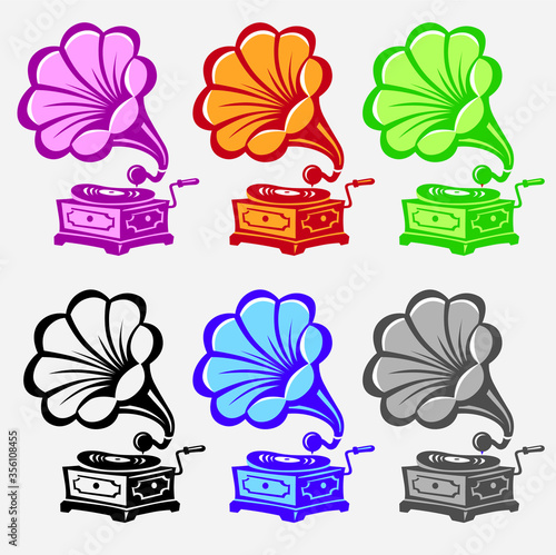 Gramophone. Set of vector illustrations.