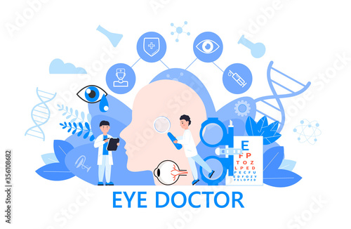 Eye doctor concept vector. Glaucoma treatment concept vector. Medical ophthalmologist eyesight check up with tiny people character. It can be used for banner, flyer, website, landing page.