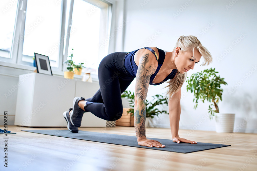 Athletic woman doing climber exercise during home workout - obrazy, fototapety, plakaty 