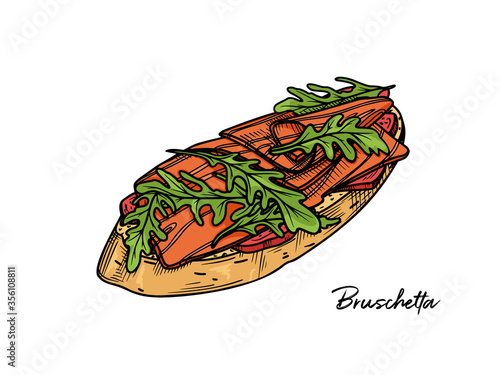 Bruschetta isolated on a white background. Sketch Italian dishes. Vector illustration