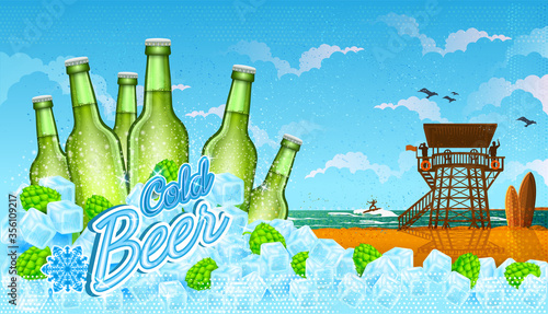 Six bottles of beer in ice cubes and hops cones, with beach landscape