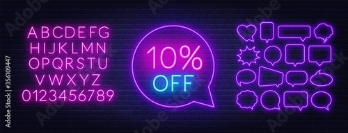 10 percent off neon sign. Neon alphabet on brick wall background.