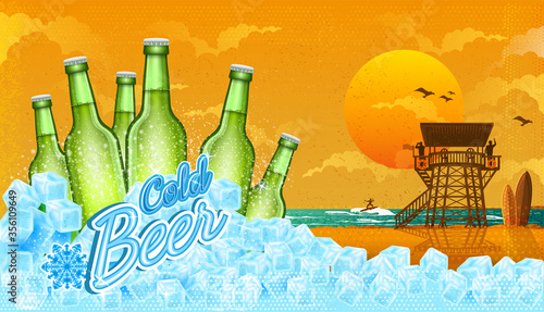 Six bottles of beer in ice cubes with miami beach landscape