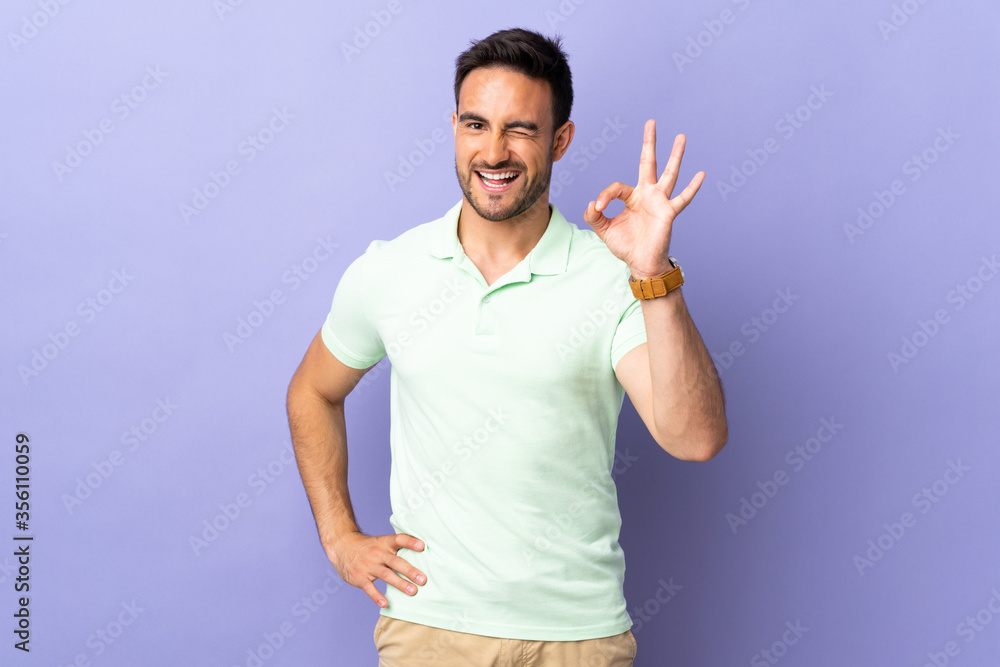 Fototapeta premium Young handsome man isolated on purple background showing ok sign with fingers