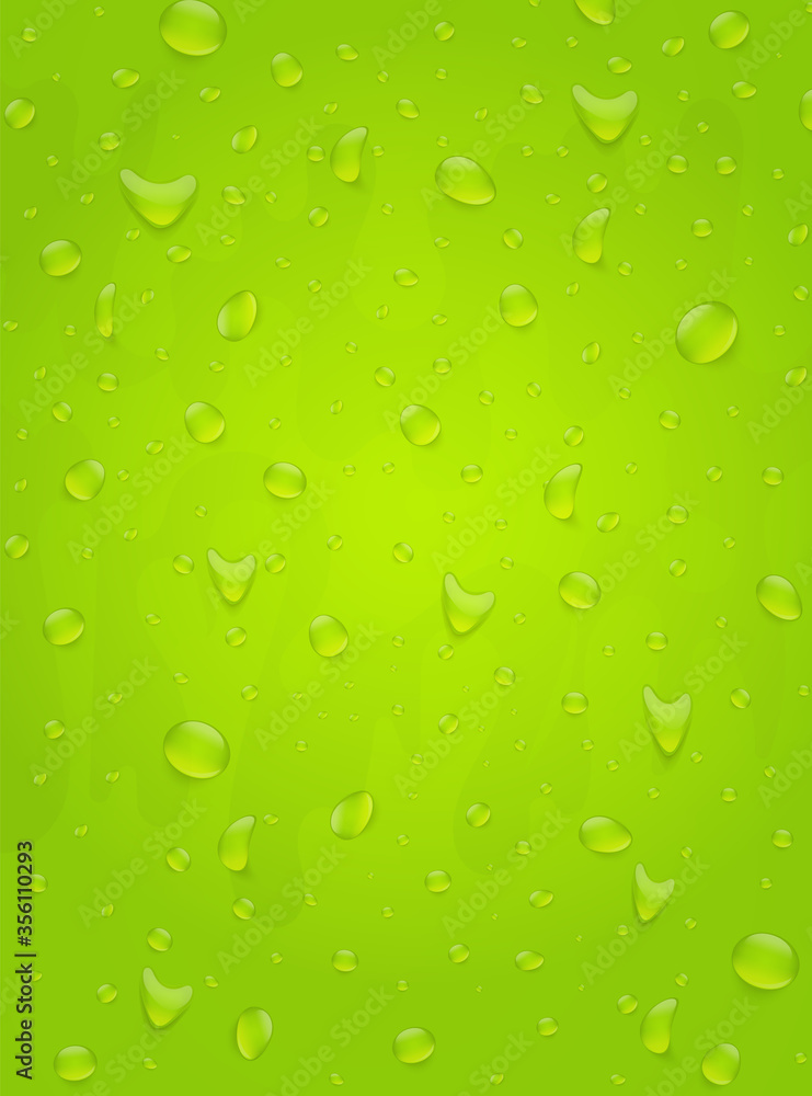 Water drops background. Green color drink beverage concept. 3d realistic vector illustration poster.