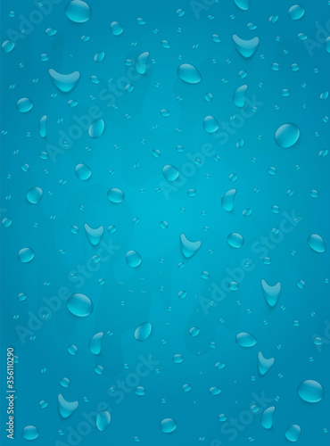 Water drops background. Blue color icy cold concept. 3d realistic vector illustration poster.