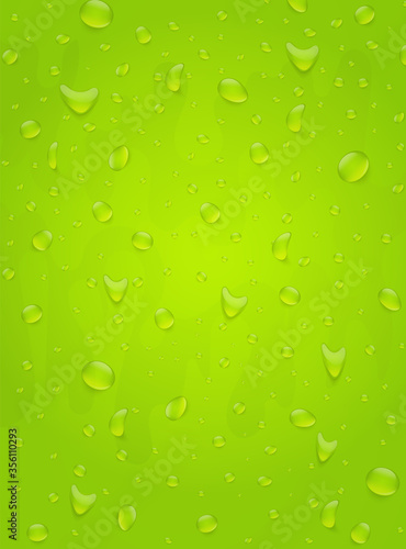 Water drops background. Green color drink beverage concept. 3d realistic vector illustration poster.