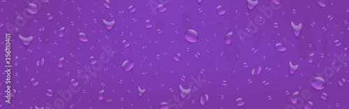 Water drops banner background. Rainfall over colorful glass surface. Purple color drink beverage concept. 3d realistic vector illustration.