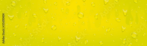 Water drops banner background. Rainfall over colorful glass surface. Yellow color drink beverage concept. 3d realistic vector illustration.