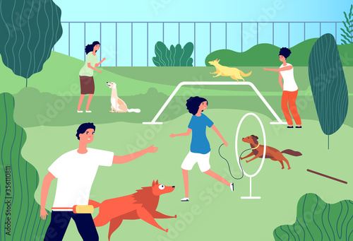 Pets playground. Funny domestic dogs, men activities. Puppies owners running and training. Animal lovers community vector illustration. People outdoor training, play animal dog, pet activity