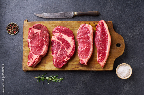 Variety of fresh Black Angus Prime raw beef steakes