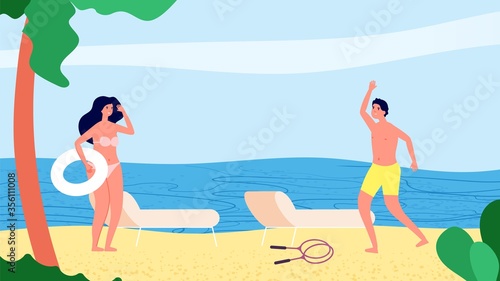 Meeting on beach. Man woman vacation, summertime. Tropical relax, sea or ocean holidays. Young couple date, body positive vector illustration. Woman and man on beach, ocean shore resort summer