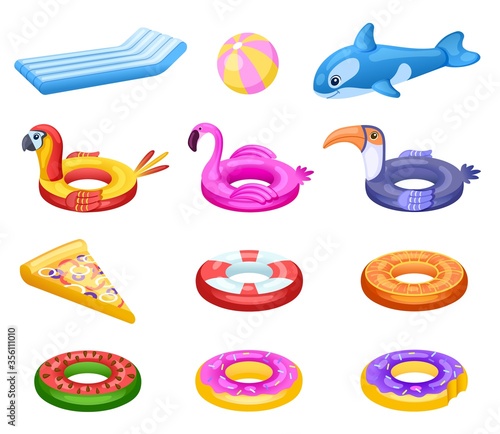 Inflatable float. Cute sea water mattress, summer pool party accessories. Kids rubber ring, swimming floats donut flamingo pizza vector set. Float inflatable, rubber mattress and flamingo illustration