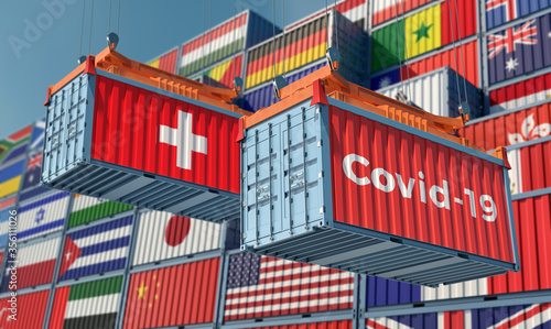 Container with Coronavirus Covid-19 text on the side and container with Switzerland Flag. Concept of international trade spreading the Corona virus. 3D Rendering © Marius Faust
