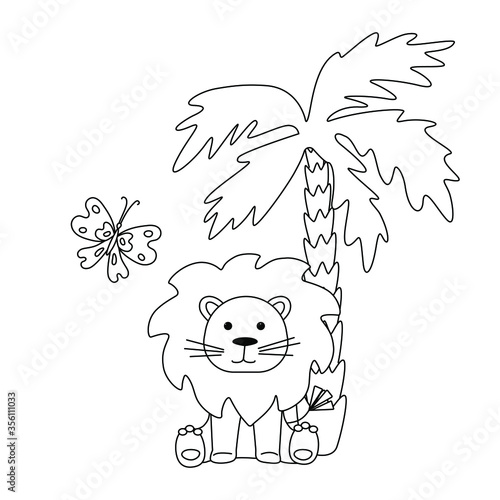 Cute kids coloring book with a funny lion under a palm tree. Simple shapes, childish outline, template for a postcard. Cartoon vector illustration.