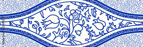 Majolica pottery tile, blue and white azulejo, original traditional Portuguese and Spain decor. Seamless border with Victorian motives. Vector illustration.